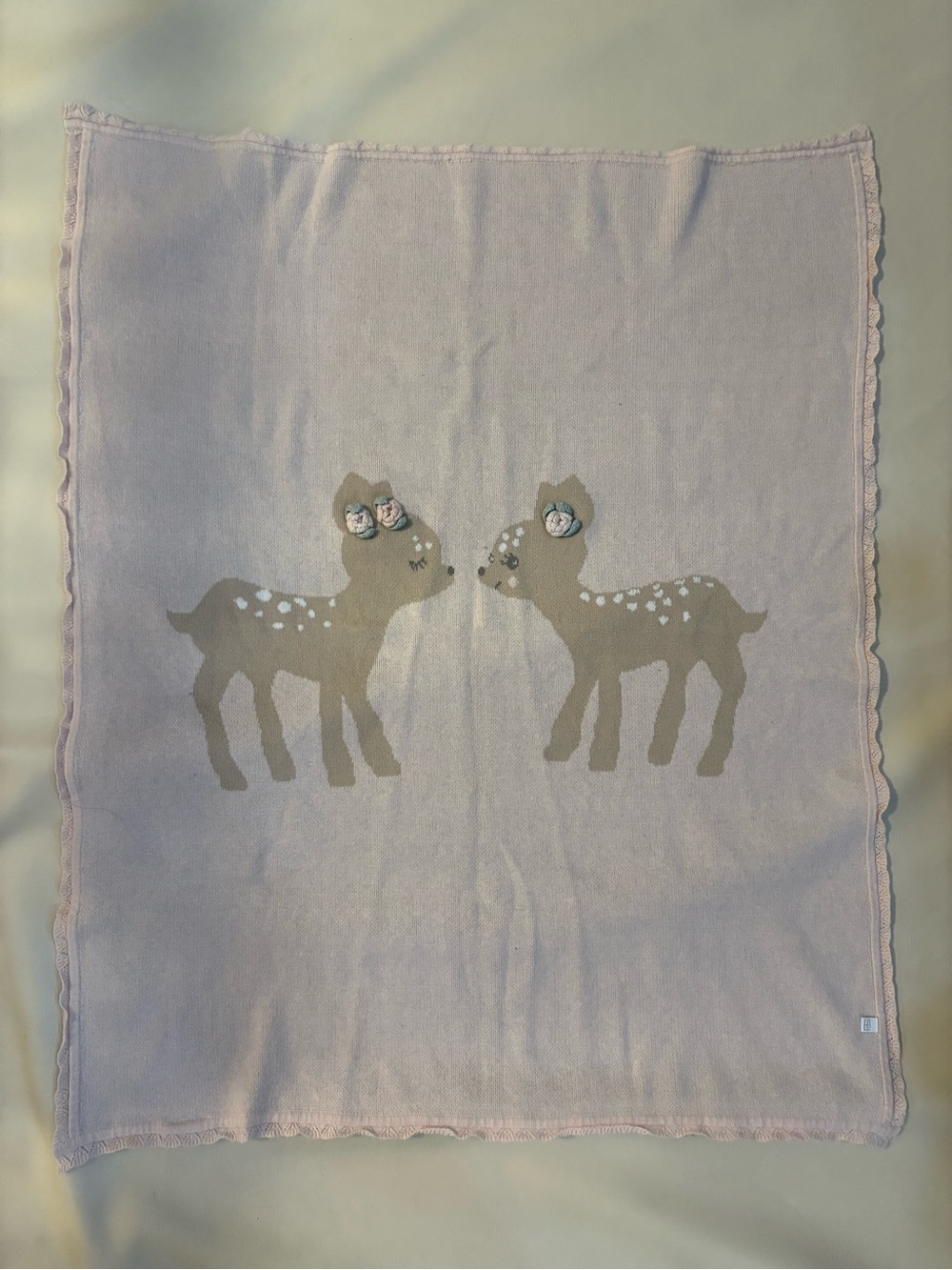 Elegant Baby Pink Cotton Knit Baby Deer Crochet Details Blanket